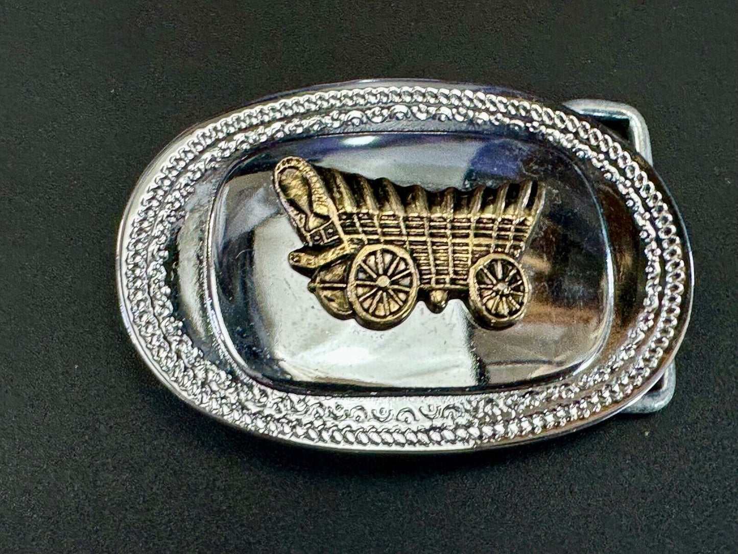 Vintage Covered Wagon - western two tone outlined belt buckle
