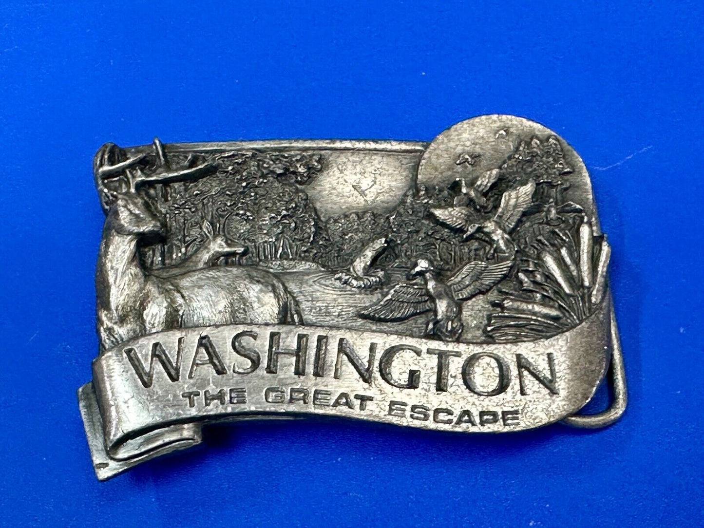 VINTAGE 1984 **WASHINGTON** THE GREAT ESCAPE PEWTER BELT BUCKLE BY BERGAMOT