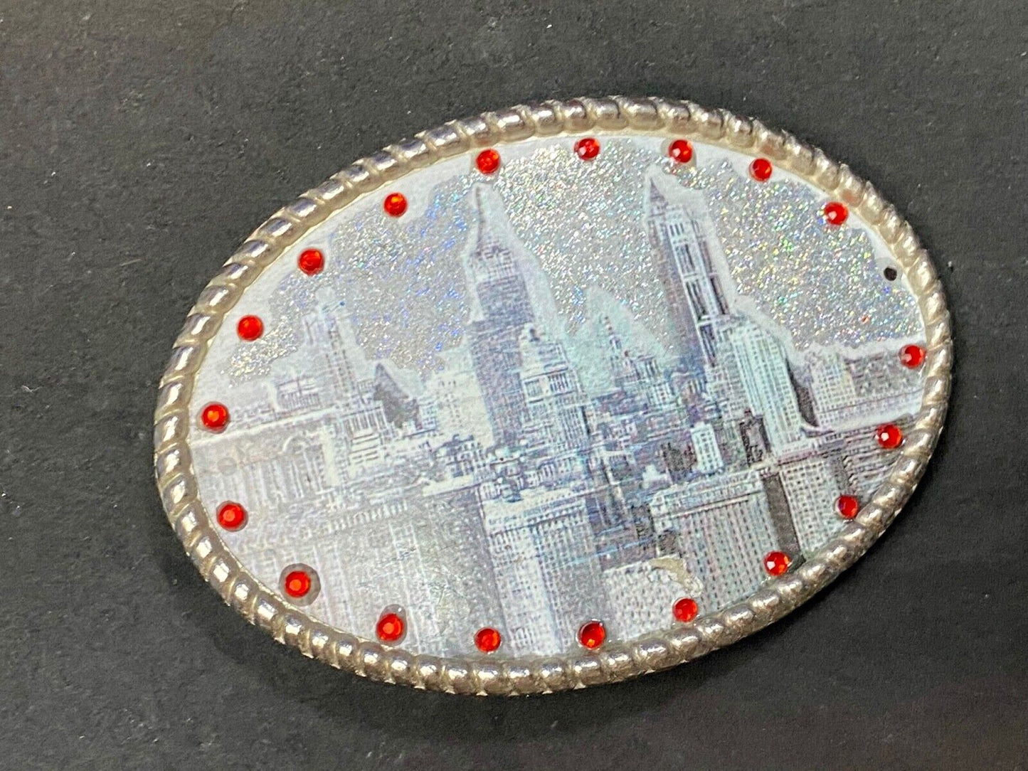 Black & White Cityscape Red Rhinestones Oval belt buckle
