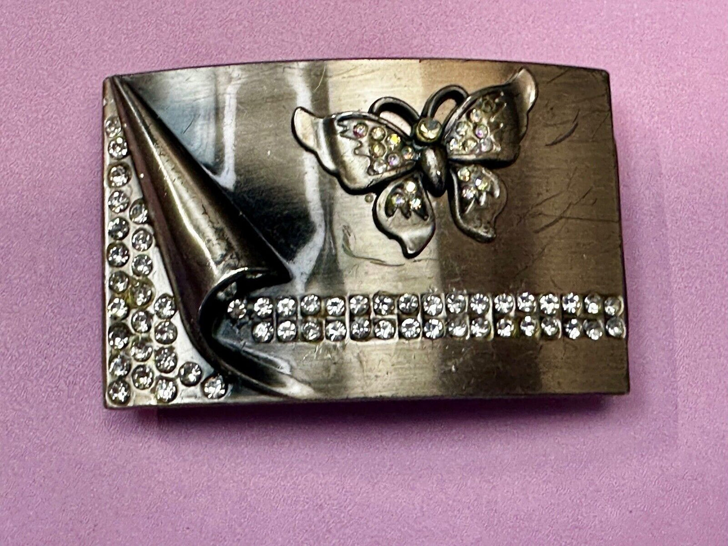 Unique Butterfly Theme Rhinestone Accented Vintage Silver Tone Belt Buckle