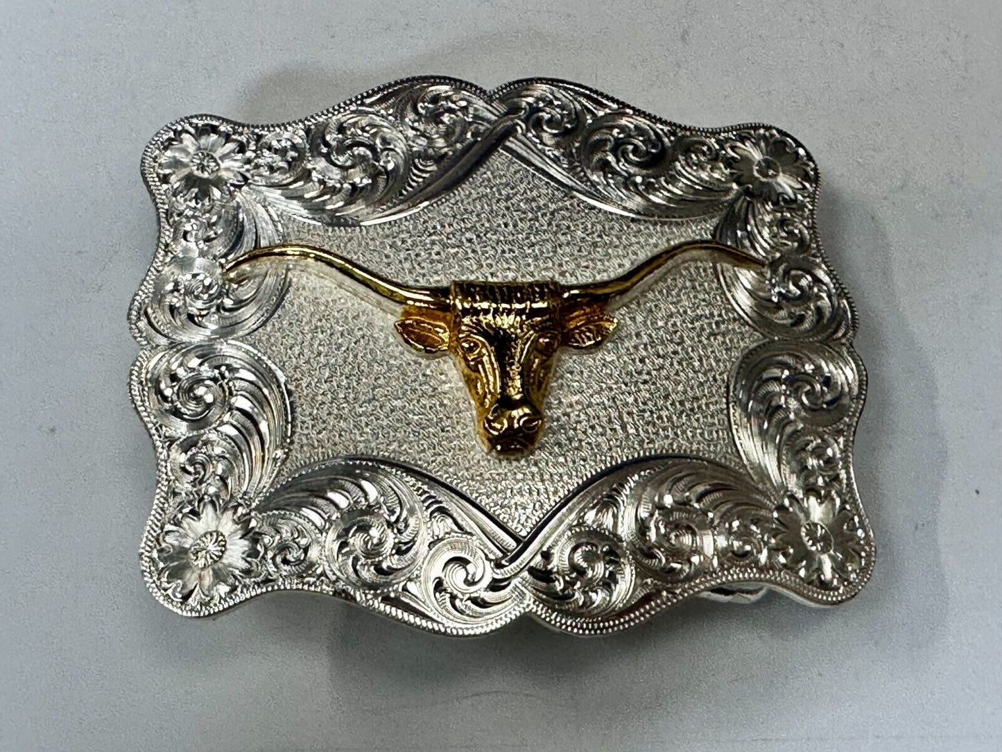 Texas Longhorn Steer Rodeo Bull Two Tone Belt Buckle by Montana Silversmiths