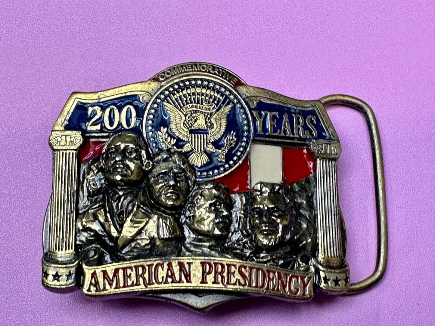 American Presidency Belt Buckle Vintage 200 Years Mount Rushmore Commemorative