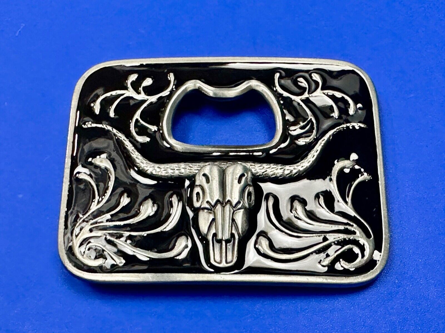 Texas longhorn - black and silver color belt buckle bottle opener