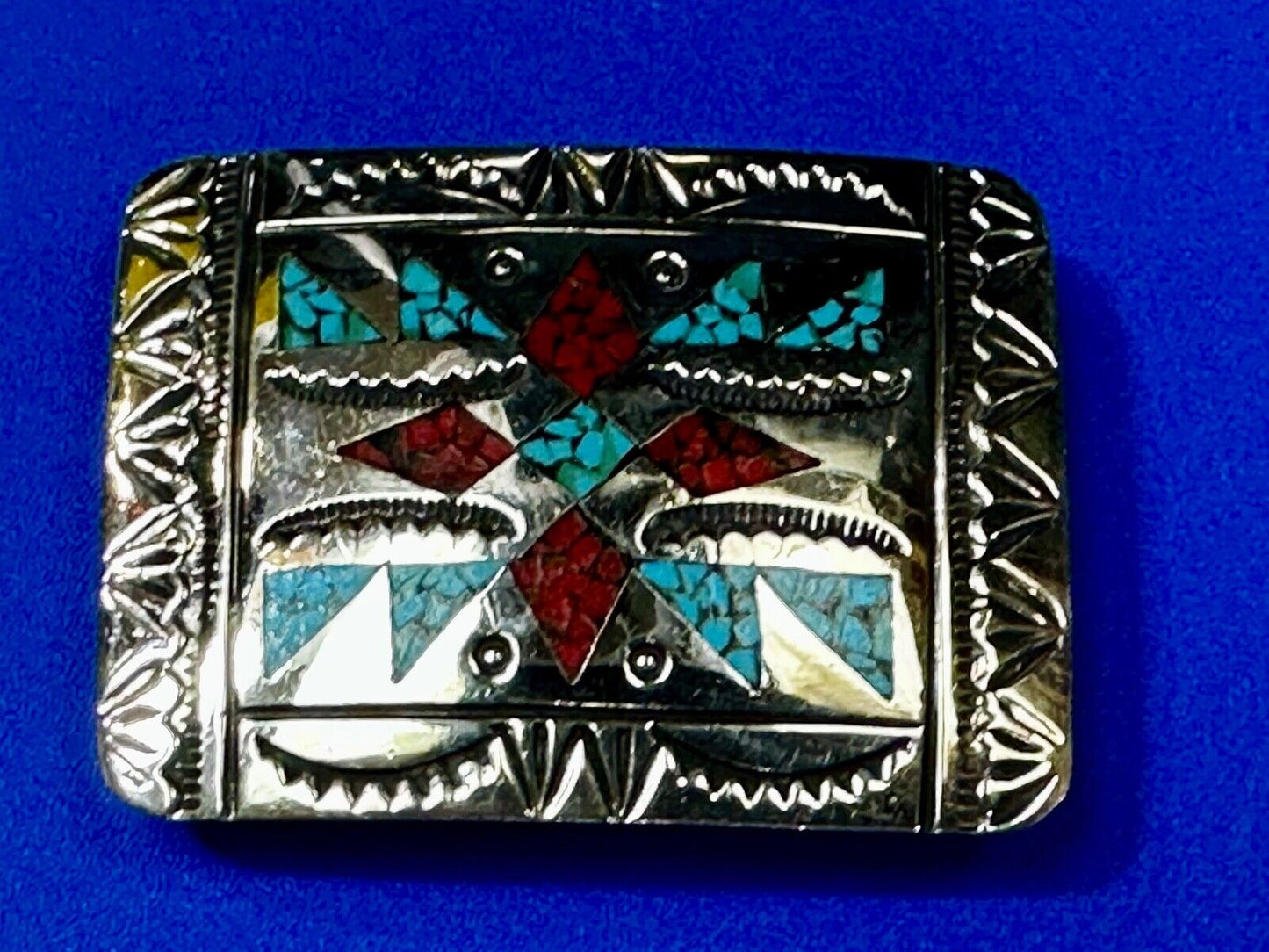 Turquoise & Coral Navajo / Native American Style Artisan 2" Belt Buckle