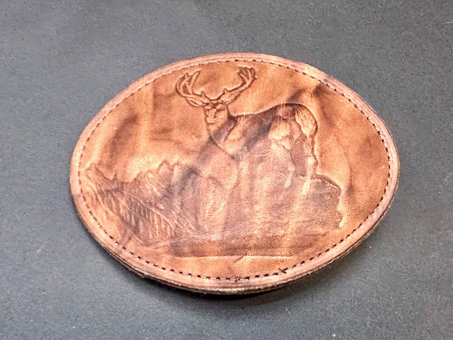 Vintage DEER in Nature, Hunters Leather oval LARGE belt buckle