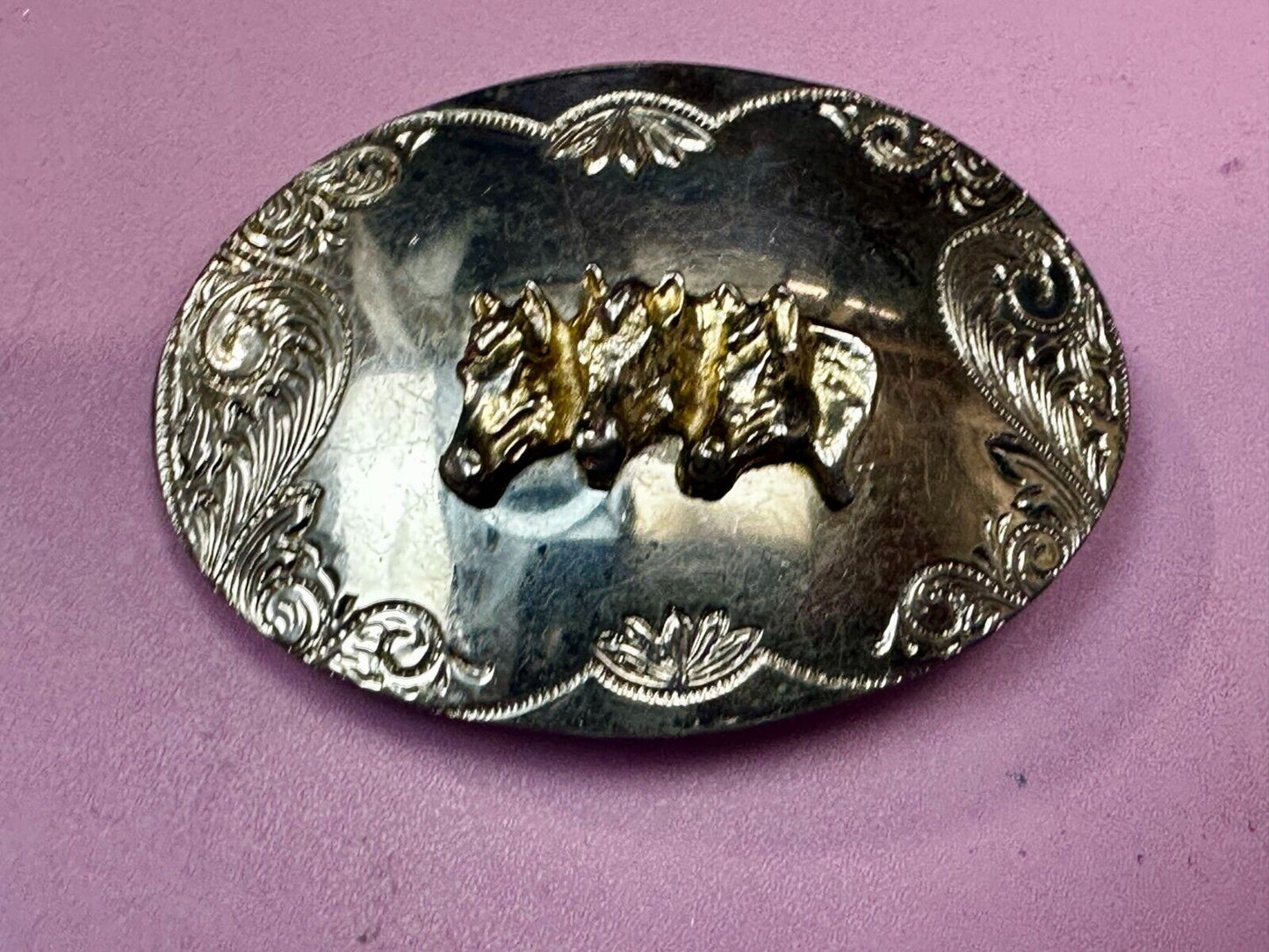 Three Horse Heads - Vintage Western Ornate Reflective Oval Two Tone Belt Buckle