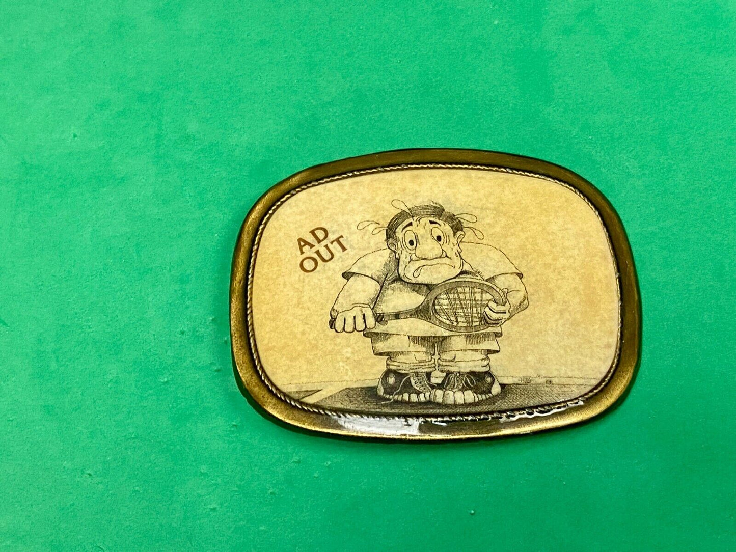 Tennis Game Novelty 70'S Cartoon Figure "Ad Out" Rounded Corner Belt Buckle