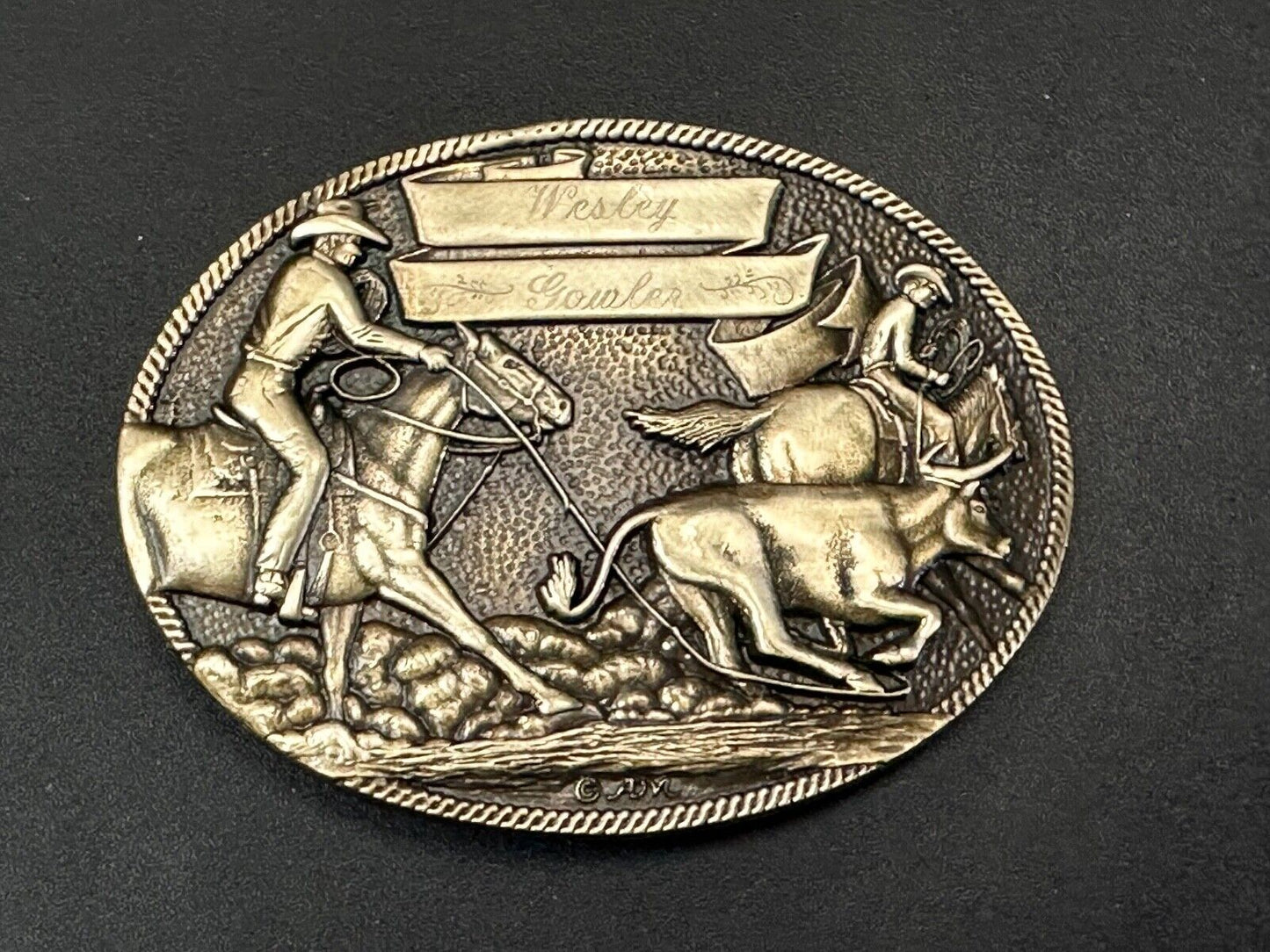 The Cattle Drive Western Rodeo Cowboys engraved award ribbon scroll belt buckle