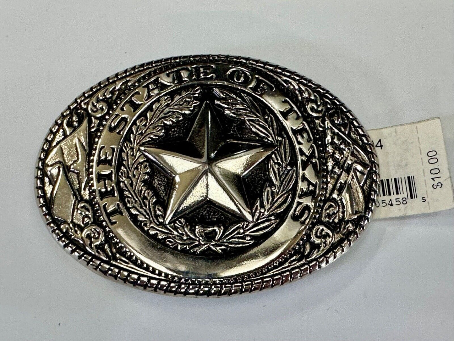 The Great State of Texas - Lone Star Flags seal silver tone NOS belt buckle