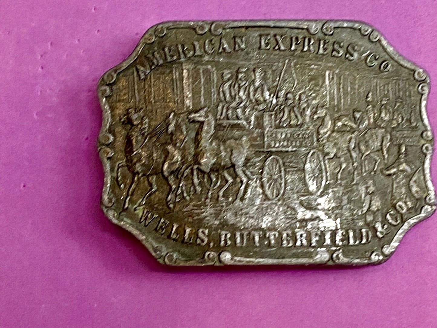 vintage american express wells butterfield belt buckle horses buggy - signed
