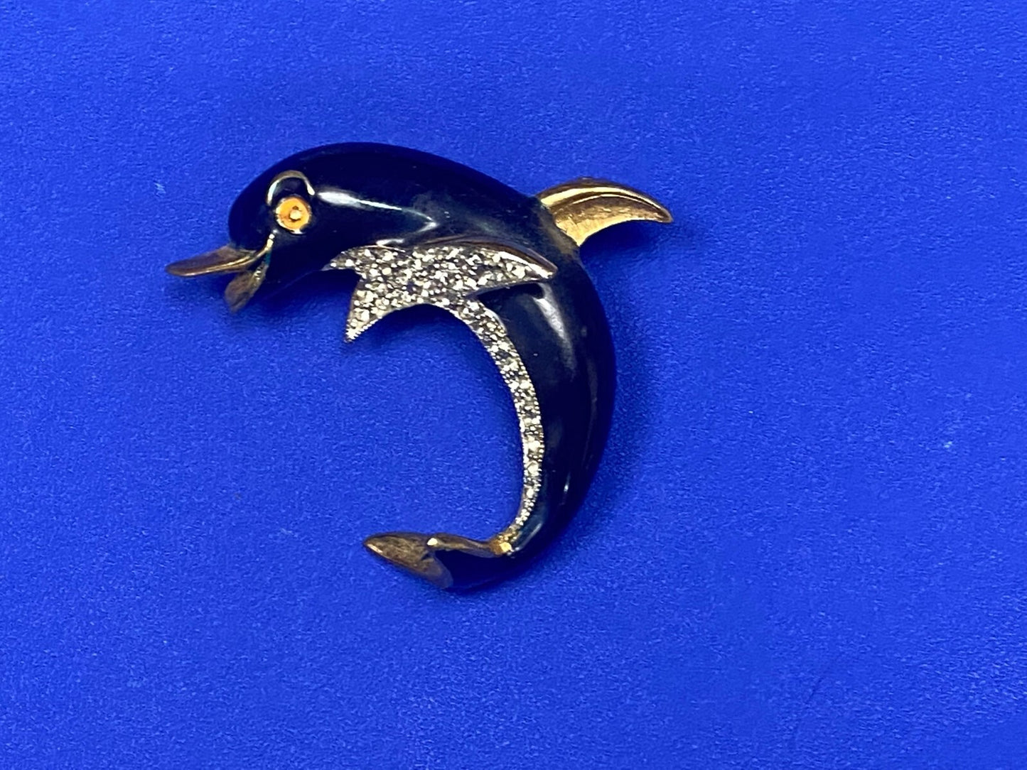 Black Curved Dolphin Enameled with Rhinestone Accents Vintage Brooch Pin