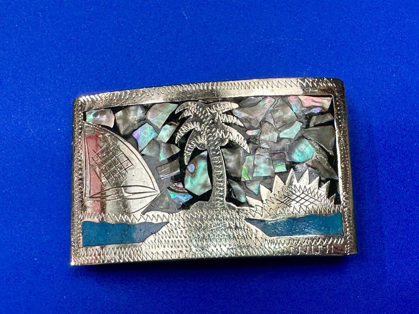 Beach Scene with Palm Tree - Inlaid Turquoise, Abalone Shell Vintage belt buckle