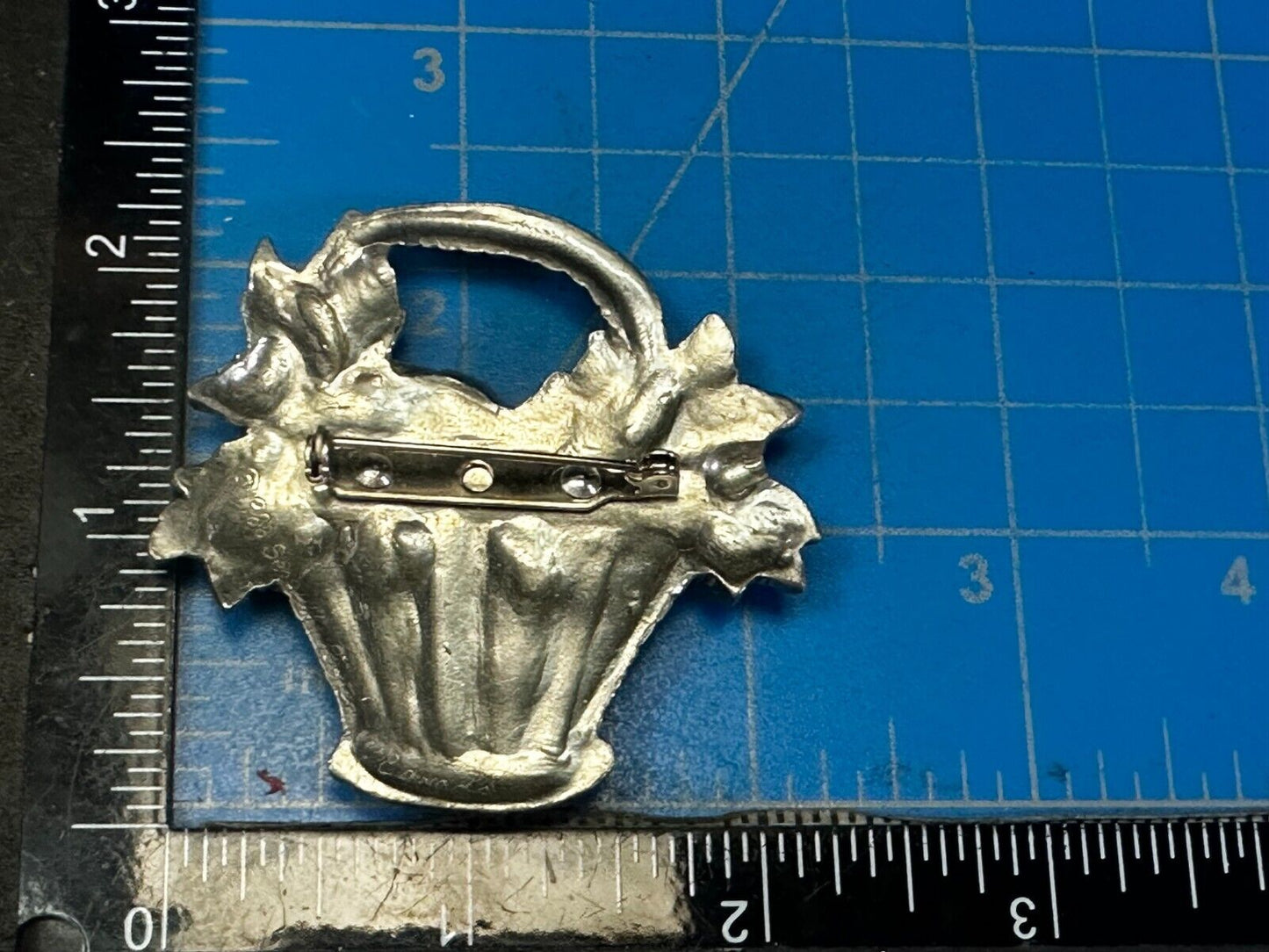 Vintage 1980's Flower Basket Floral Pewter Brooch Pin Signed Seagull Canada