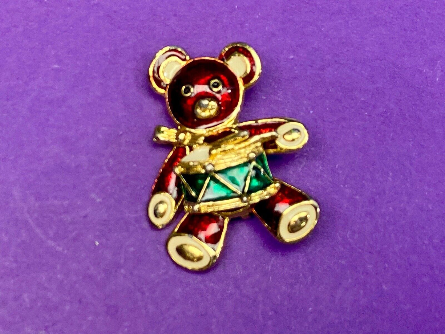 Vintage Enameled Little Drummer Bear Christmas Brooch Pin Gold Tone Drums Red