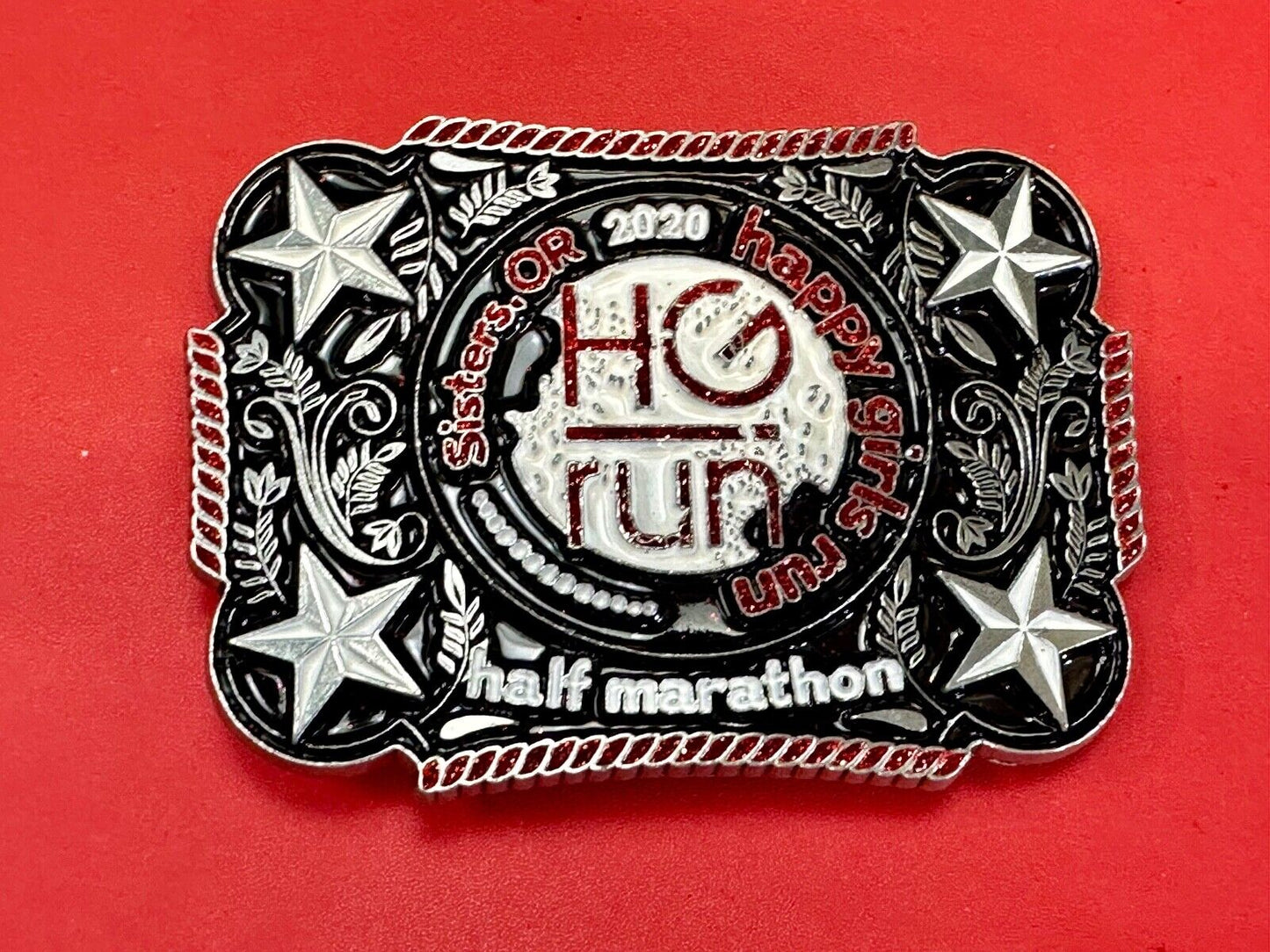 2020 Happy Girls Run HGR marathon silver tone stars in corner belt buckle