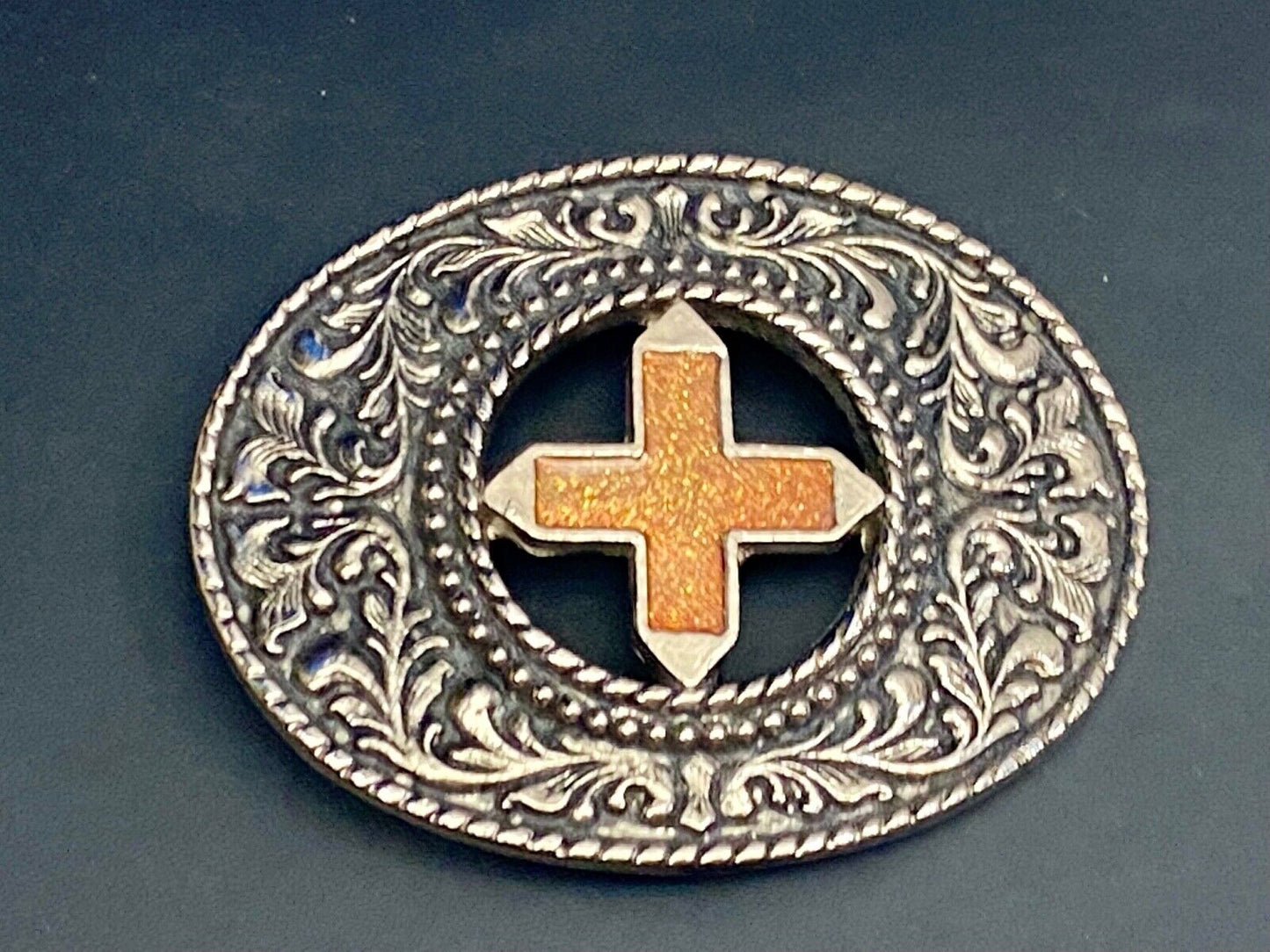 Beautiful See Through Cross Centered In Western Flower Swirl Metal Belt Buckle