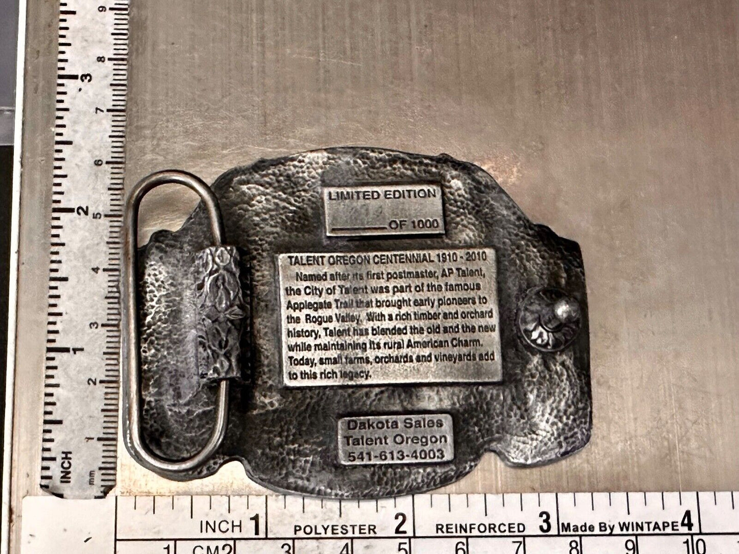 Talent Oregon Centennial Celebration 1910-2010 Belt Buckle