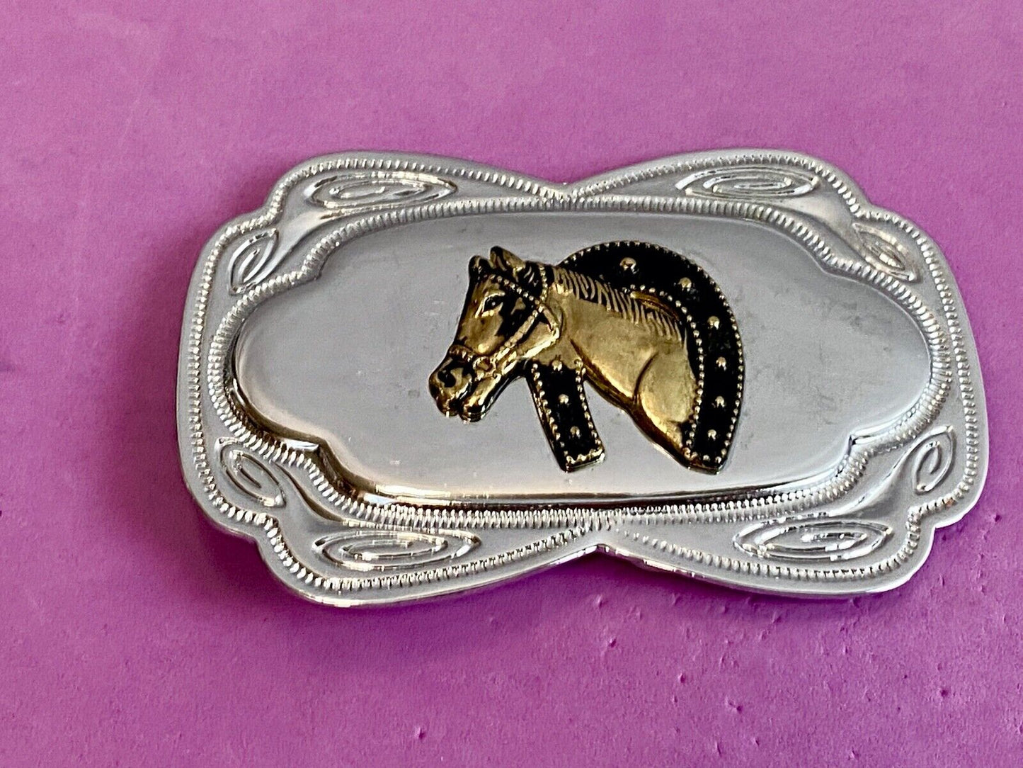 VINTAGE DIMENSIONAL WESTERN HORSE HEAD through HORSESHOE EQUESTRIAN BELT BUCKLE