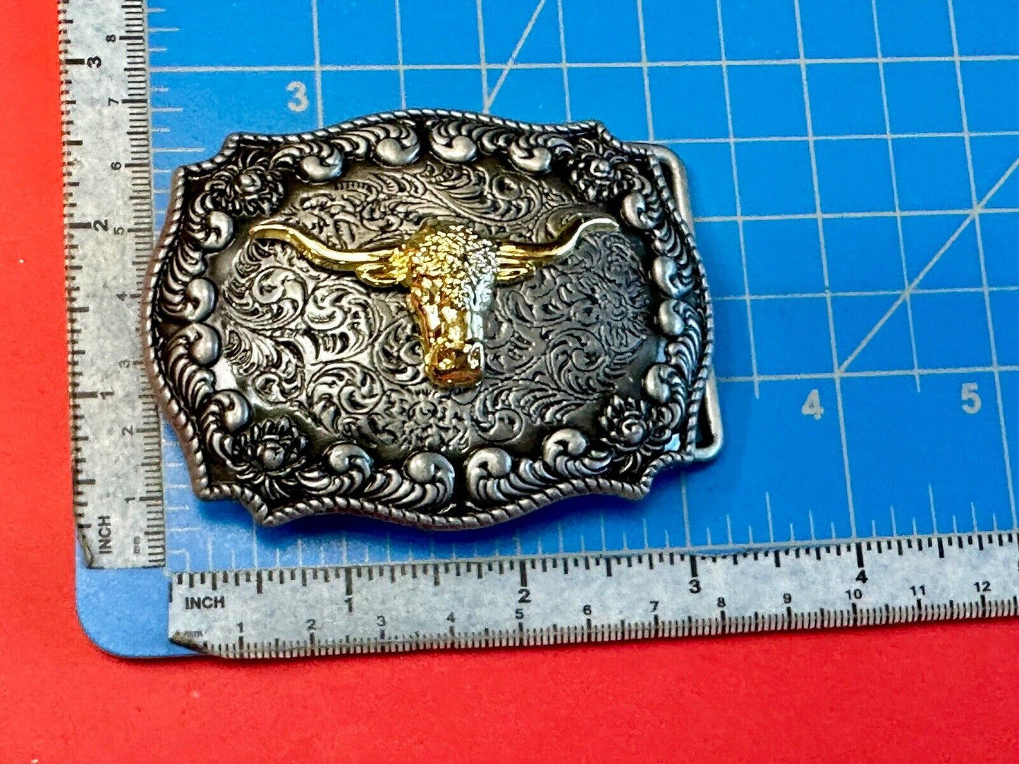 Two tone Ornate LONGHORN SKULL western belt buckle