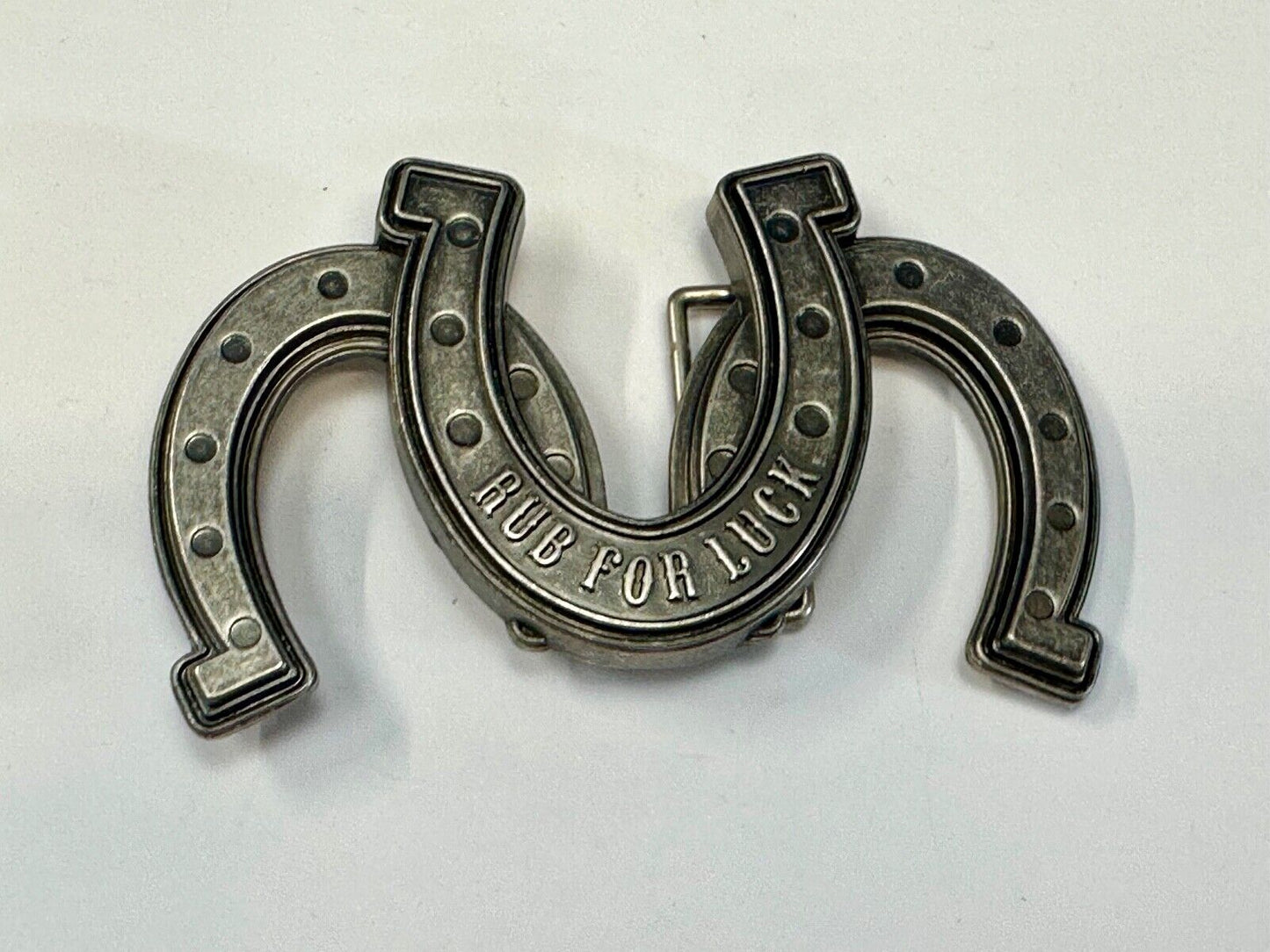 Triple trio horseshoes lucky Novelty belt buckle RUB FOR LUCK horse shoe
