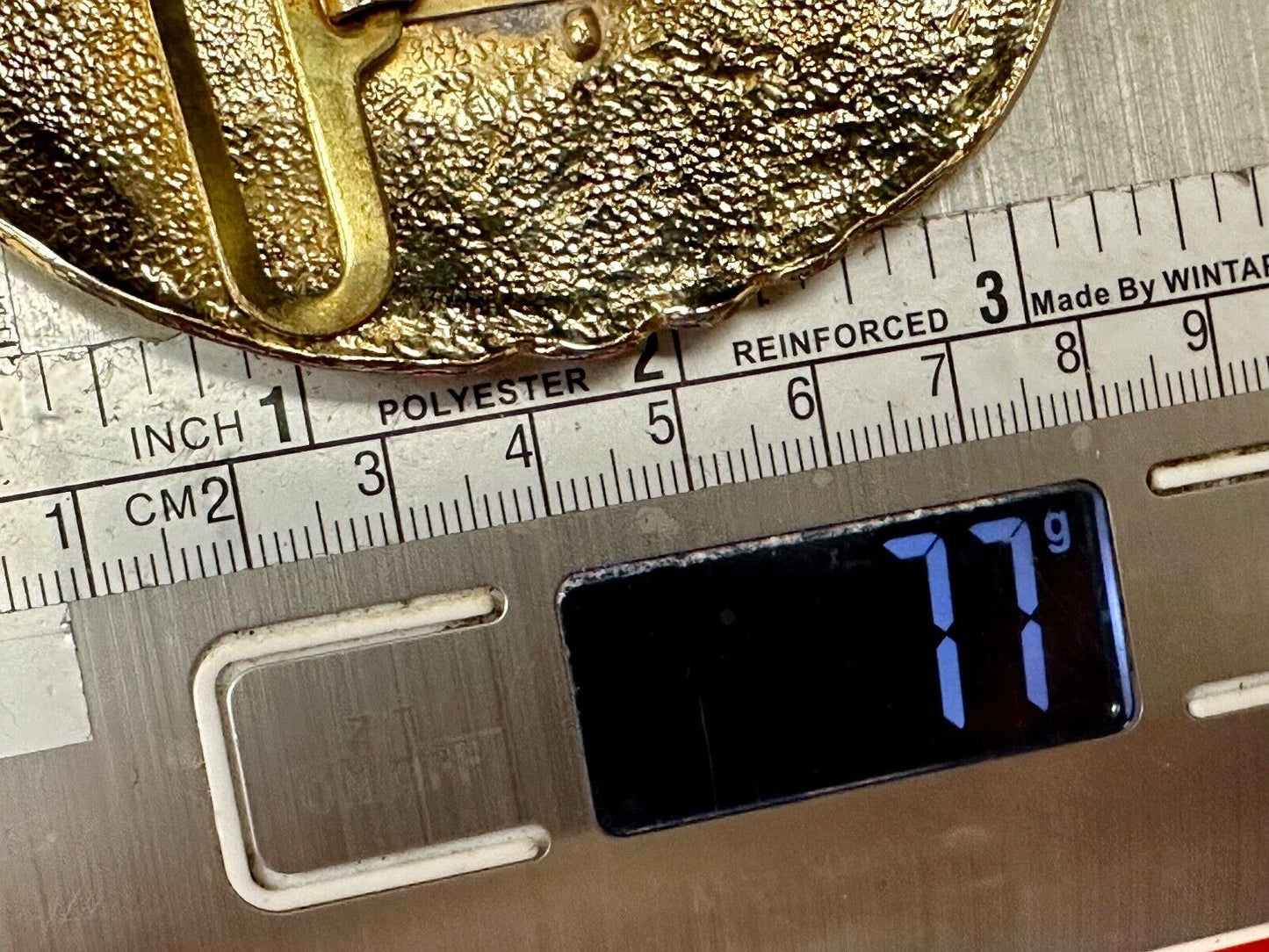 Vintage Chunky Gold Tone Raised belt buckle Scarf Slide Holder marked A