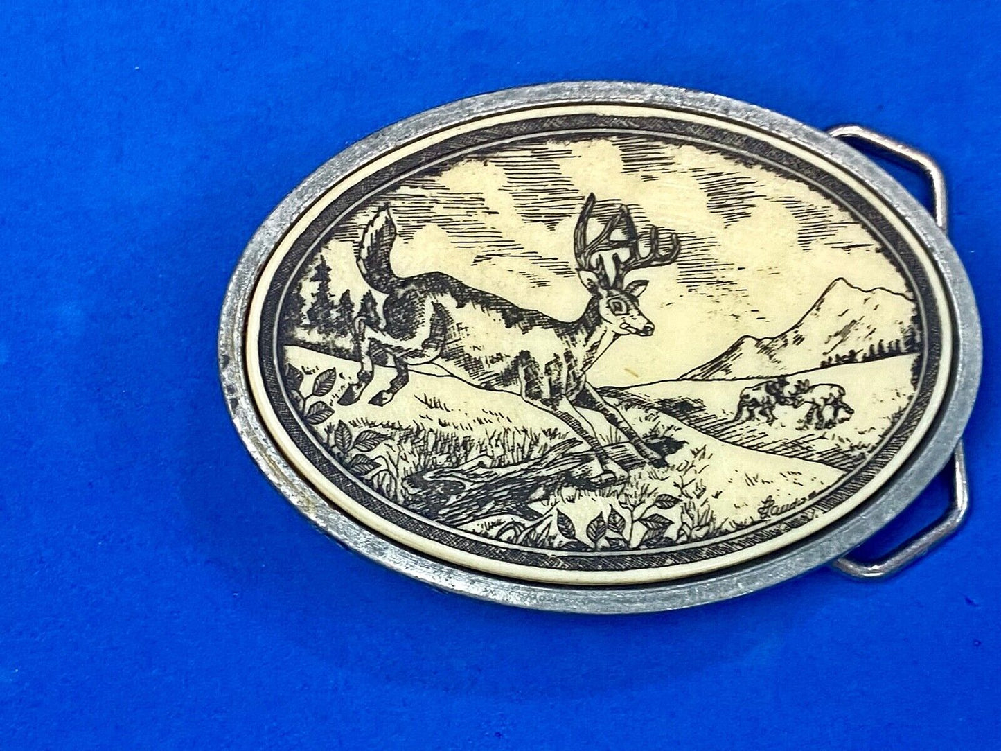 Vintage DEER jumping in nature handcrafted scrimshaw style series belt buckle