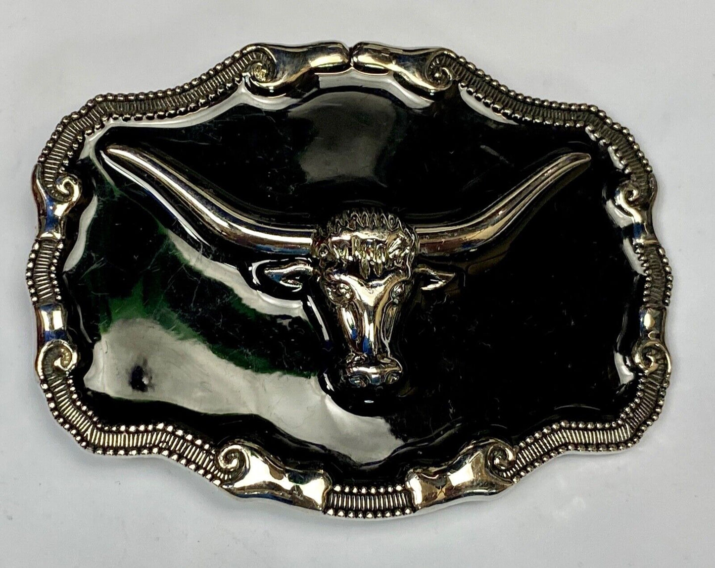 Black And Silver Color Texas Longhorn Bull Steer Western Framed Belt Buckle