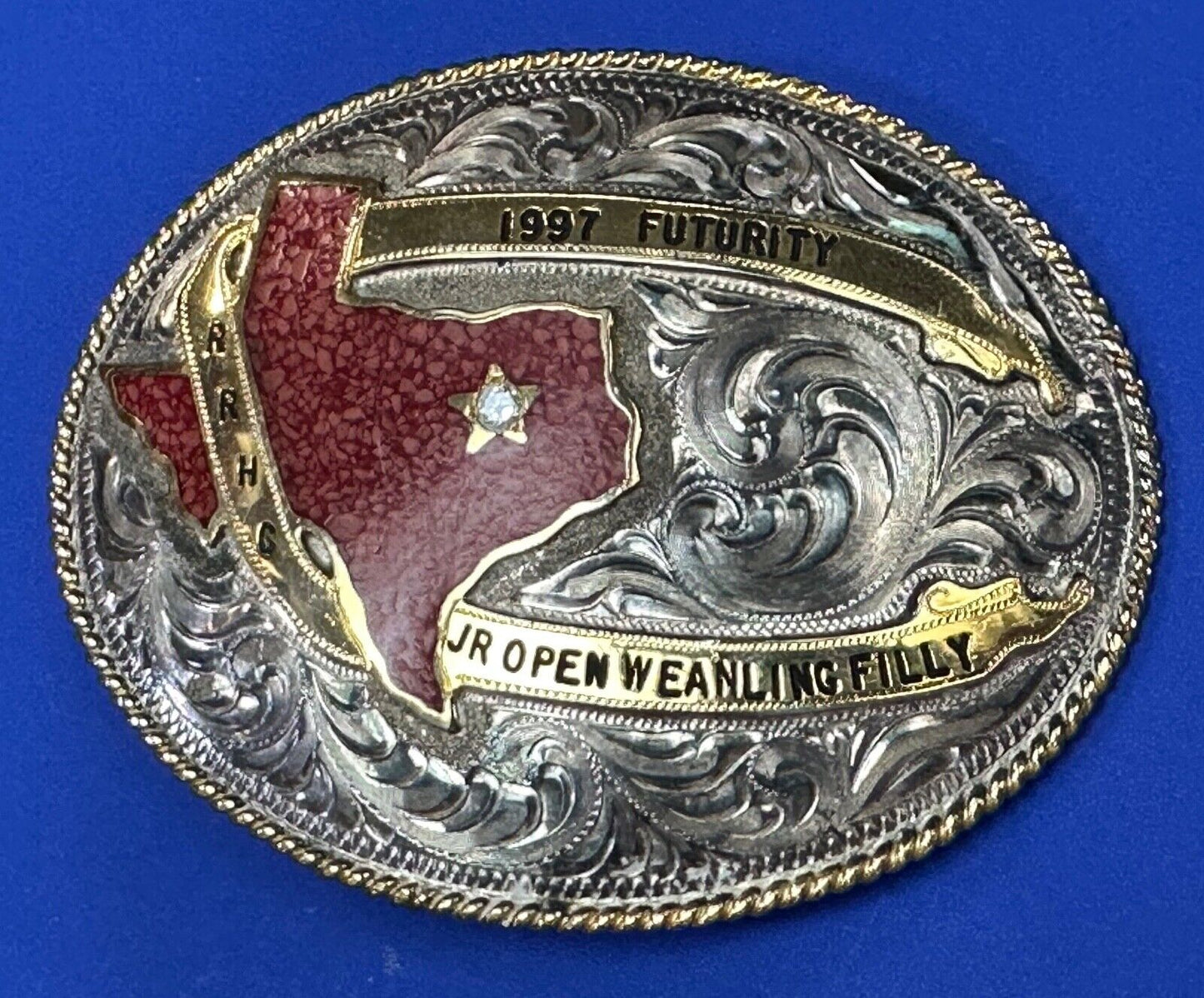 TEXAS Inlaid Coral Chip JR Open Weanling Filly 1997 Futurity Trophy belt buckle