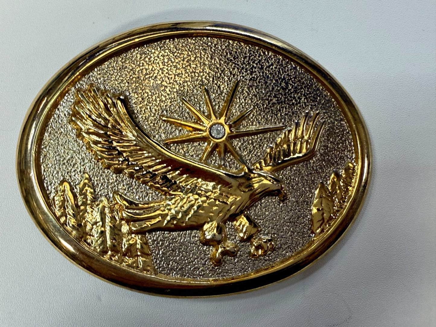 American Bald Eagle Flying Hunting with Patriotic Starburst Vintage Belt Buckle