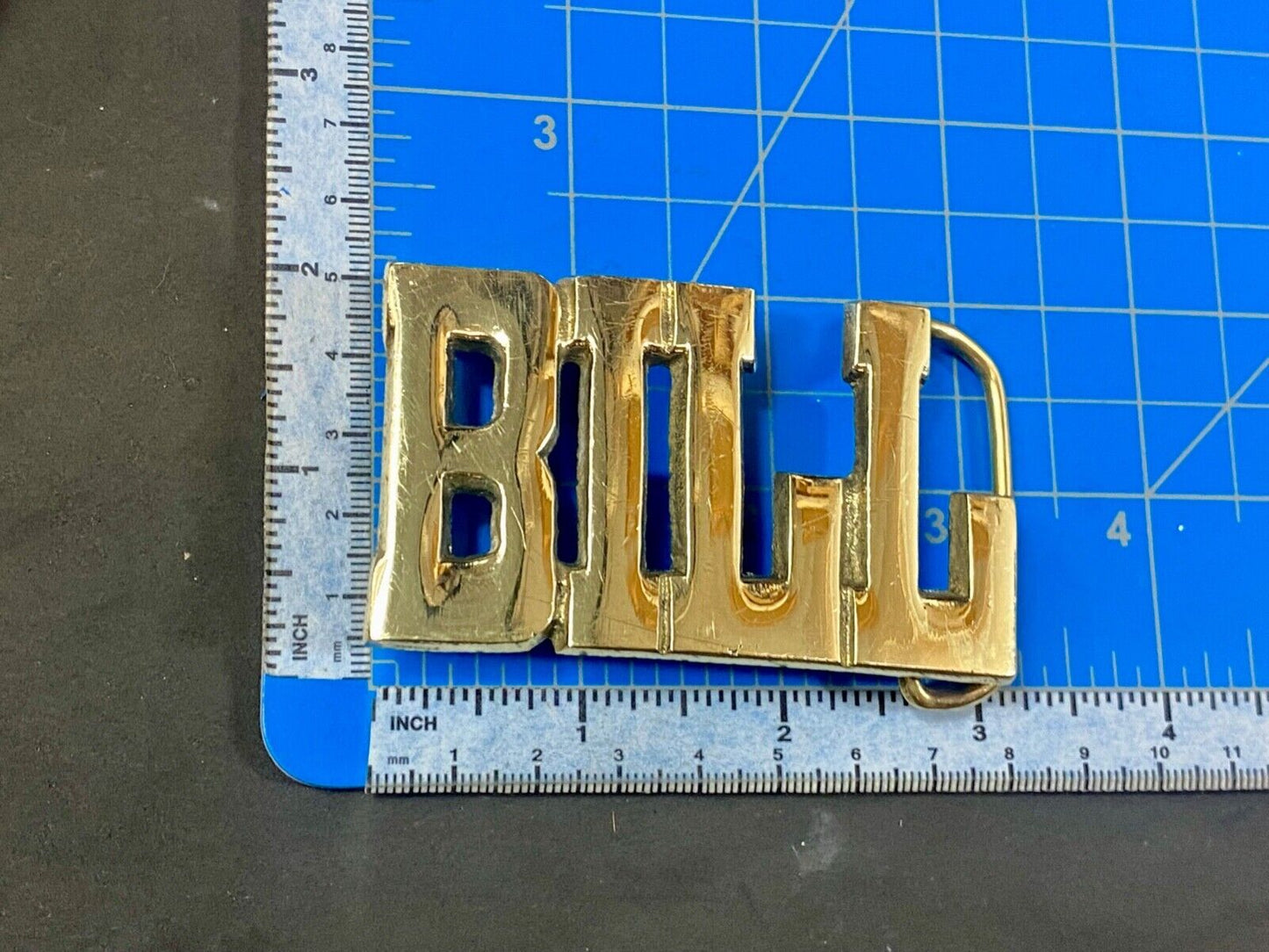 BILL - Name in Cutout block letters solid brass belt buckle stamped Taiwan ROC