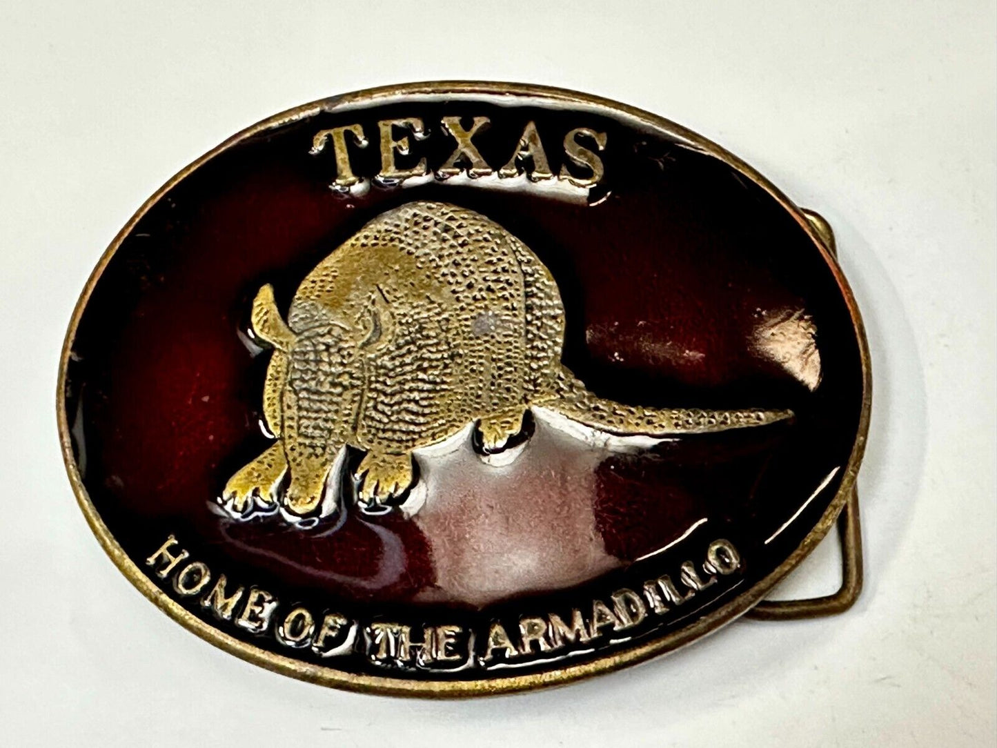 Texas Home of the Armadillo Commemorative Red colored Belt Buckle by Koleaco