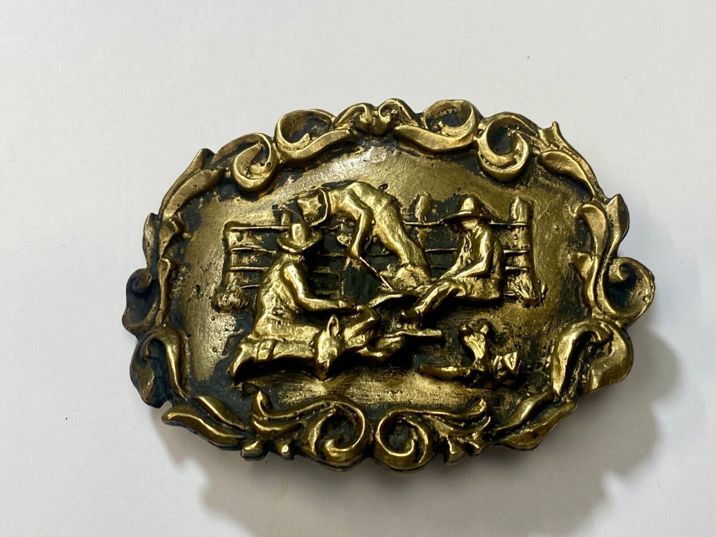 Three Cowboys Roping calf on the farm SOLID BRASS western belt buckle