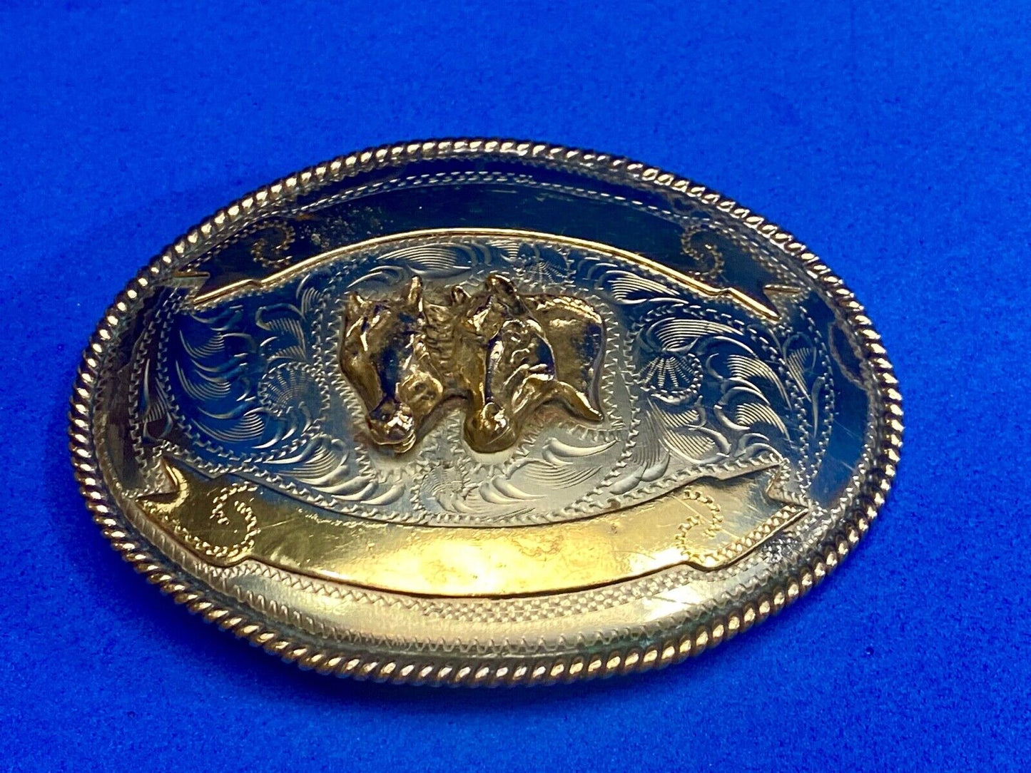 Vintage 4" Three Horse Head's On Alpaca Mexico Belt Buckle Blank Trophy Scroll