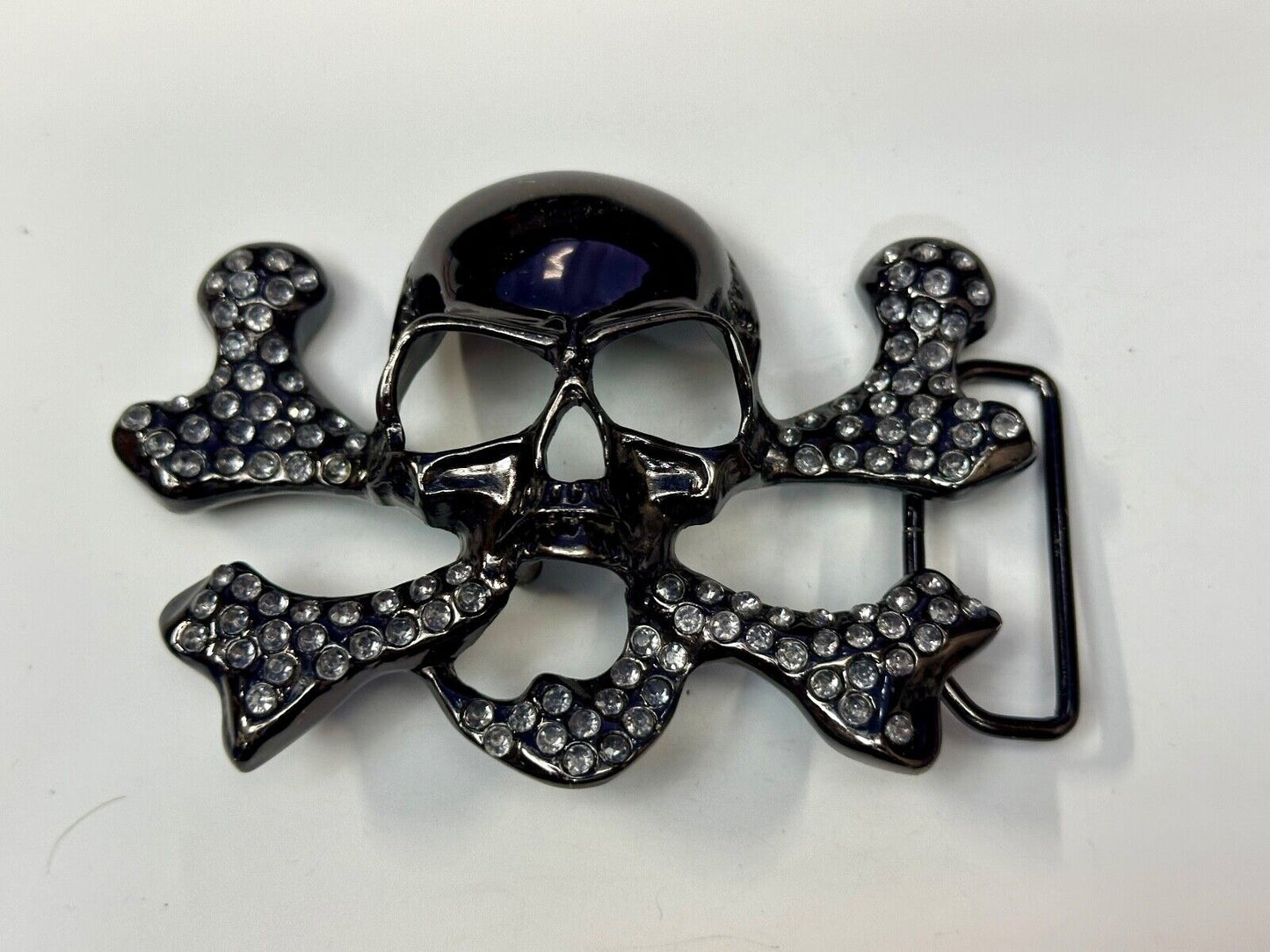 Black color skull and crossbones Belt Buckle covered in Rhinestone accents