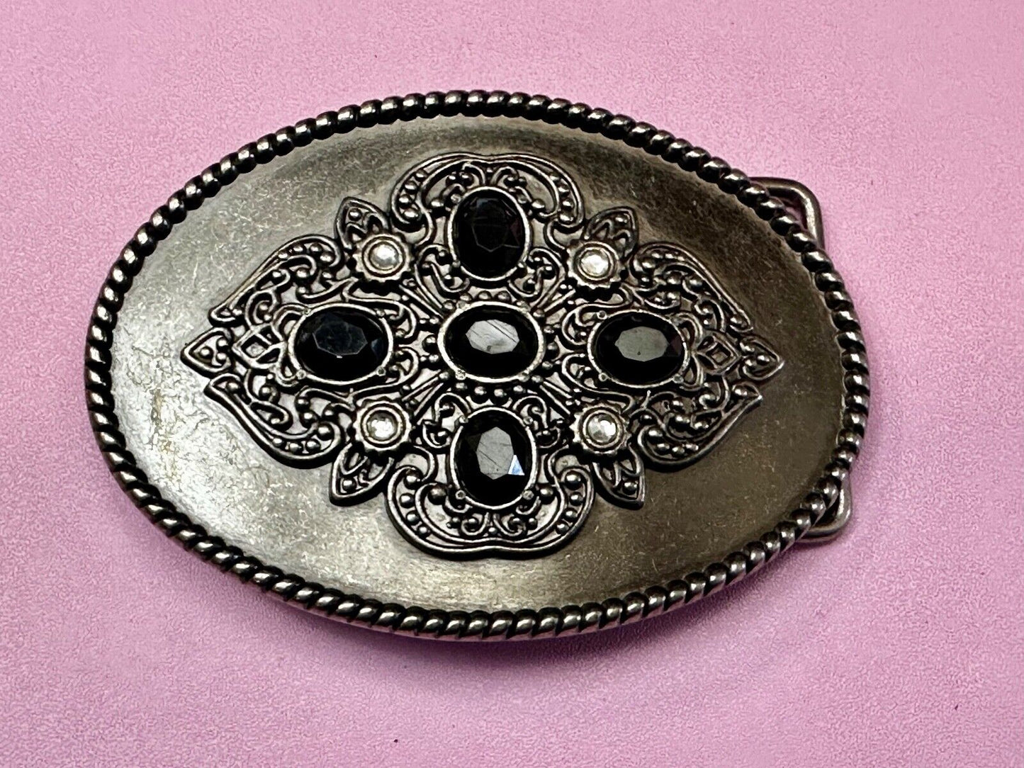 Black & White Rhinestones on Ornate Western Oval Belt Buckle with Rope Border