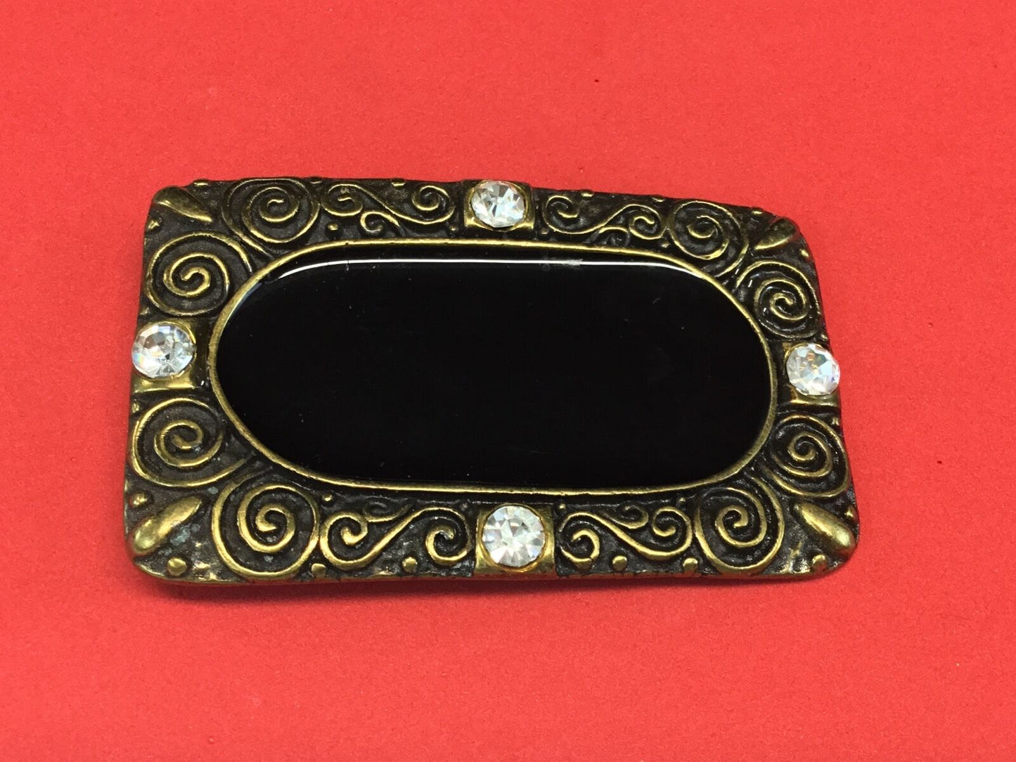 3.5". Designer / western / dress / Black and brass tone rhinestone belt buckle