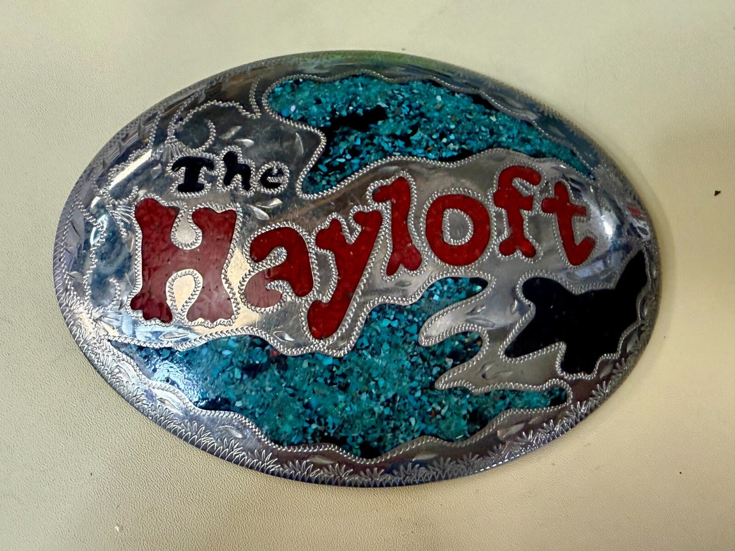 The Hayloft Large Turquoise Inlaid Champion's Choice Silver Belt Buckle CCS&S