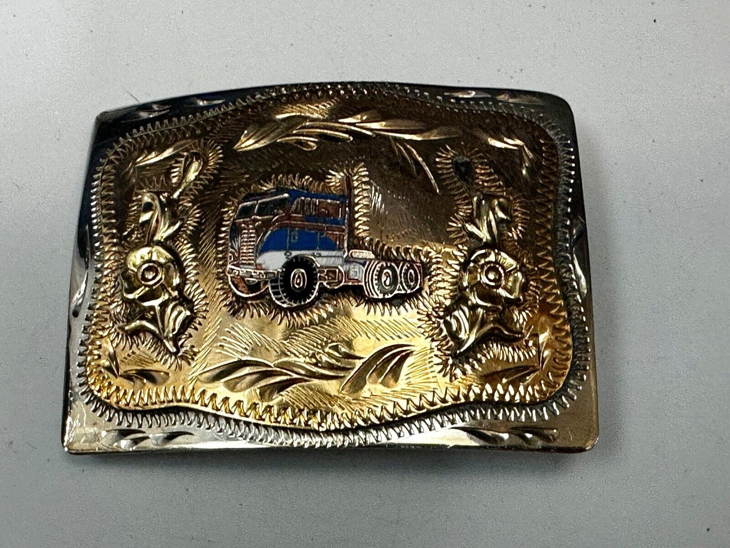 Beautiful custom Semi Drivers western two tone engraved accent Belt Buckle