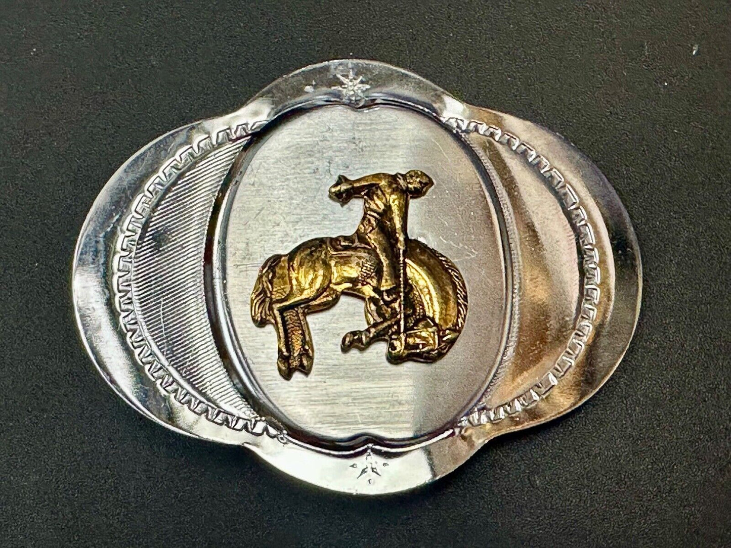 Vintage Cowboy Saddle Bronc western two tone unique shaped belt buckle