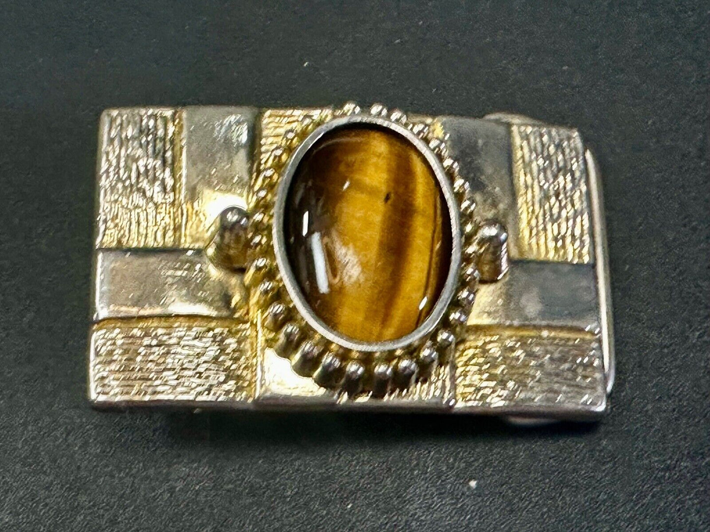 Tigers Eye Cabochon Stone Centerpiece on Western gold tone box theme Belt Buckle