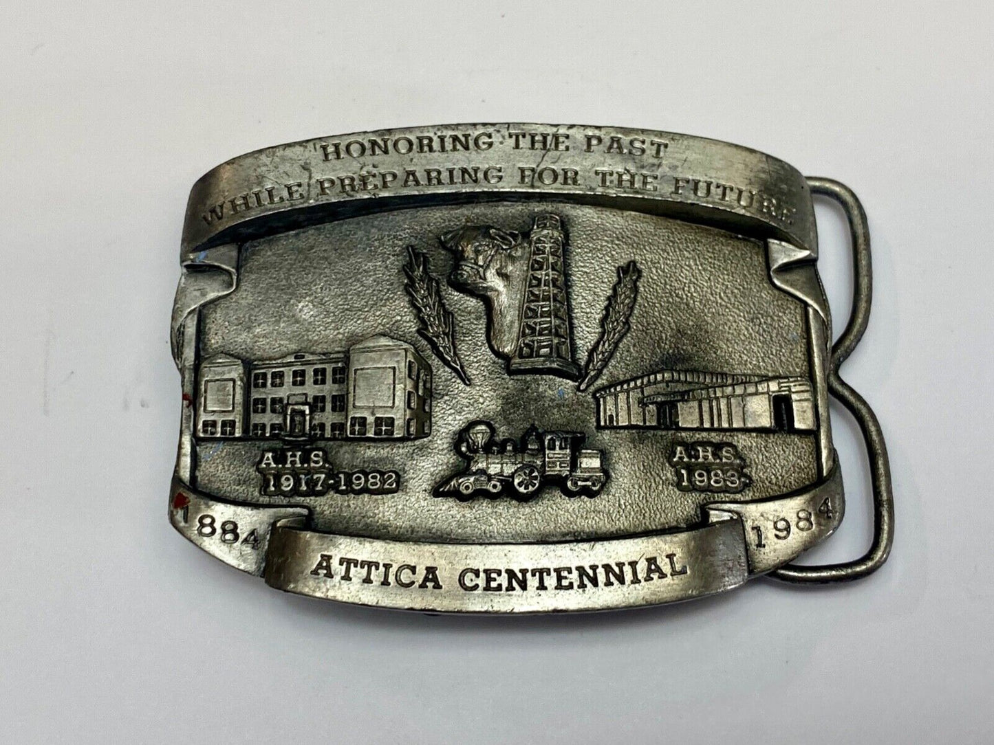 Vintage 1984 Attica Kansas KS Centennial OIL TRAIN SCHOOL HOUSE belt buckle