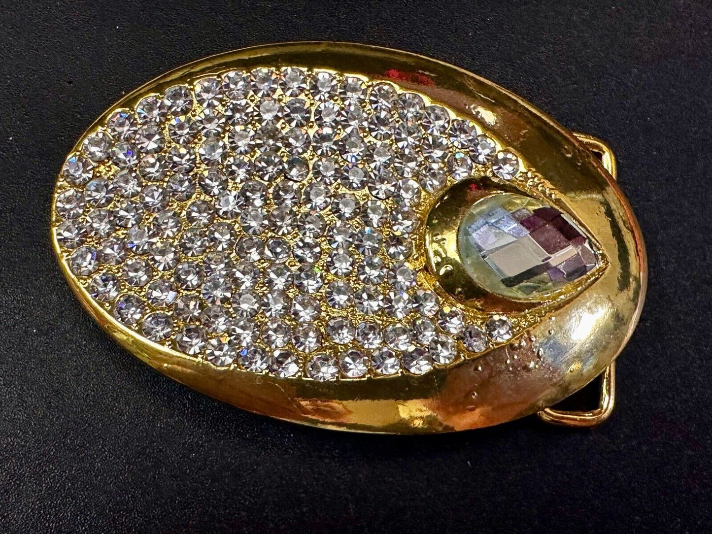 Beautiful Stylish Clear Rhinestone Covered Gold Tone Designer Oval Belt Buckle