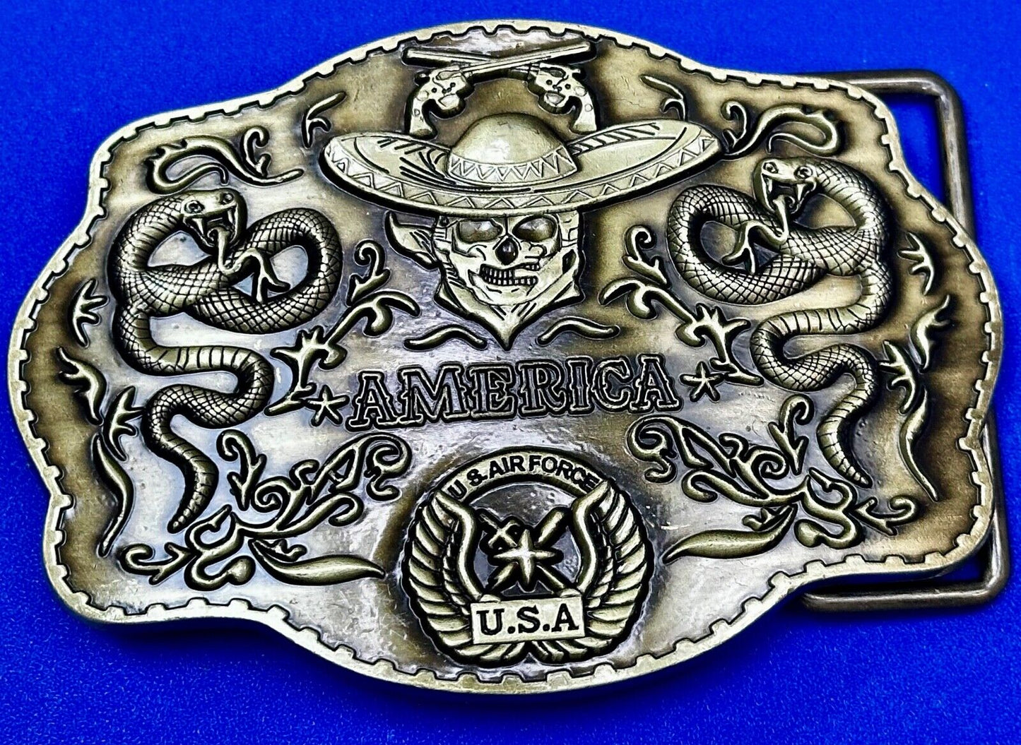 Air Force - America Skull in Cowboy Hat, Crossed Guns, Snakes, Eagle Belt Buckle