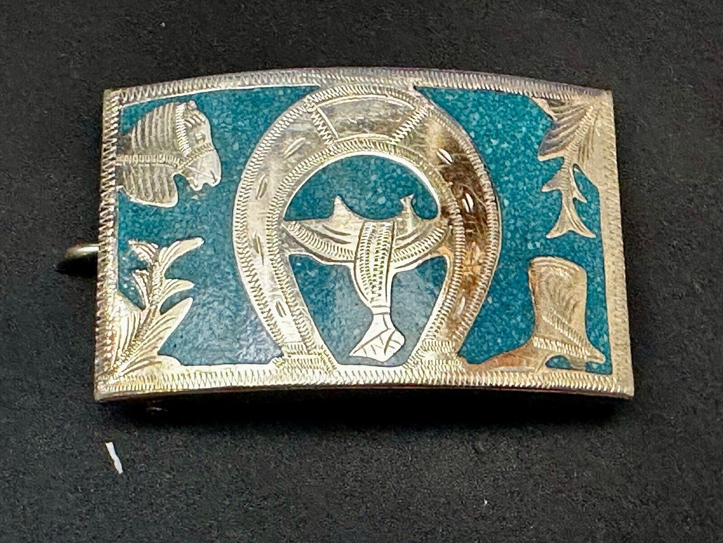 Turquoise Inlaid Western Horse Cowboy Horseshoe Belt Buckle Stamped Alpaca