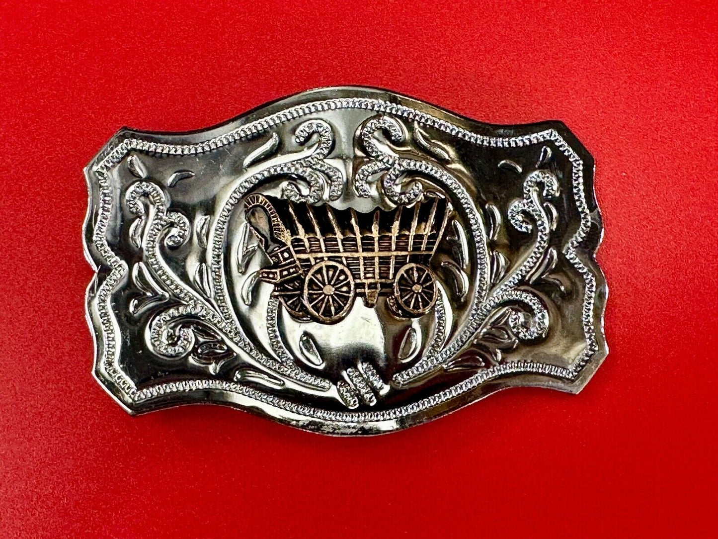 Vintage Covered Wagon - western two tone outlined ornate belt buckle
