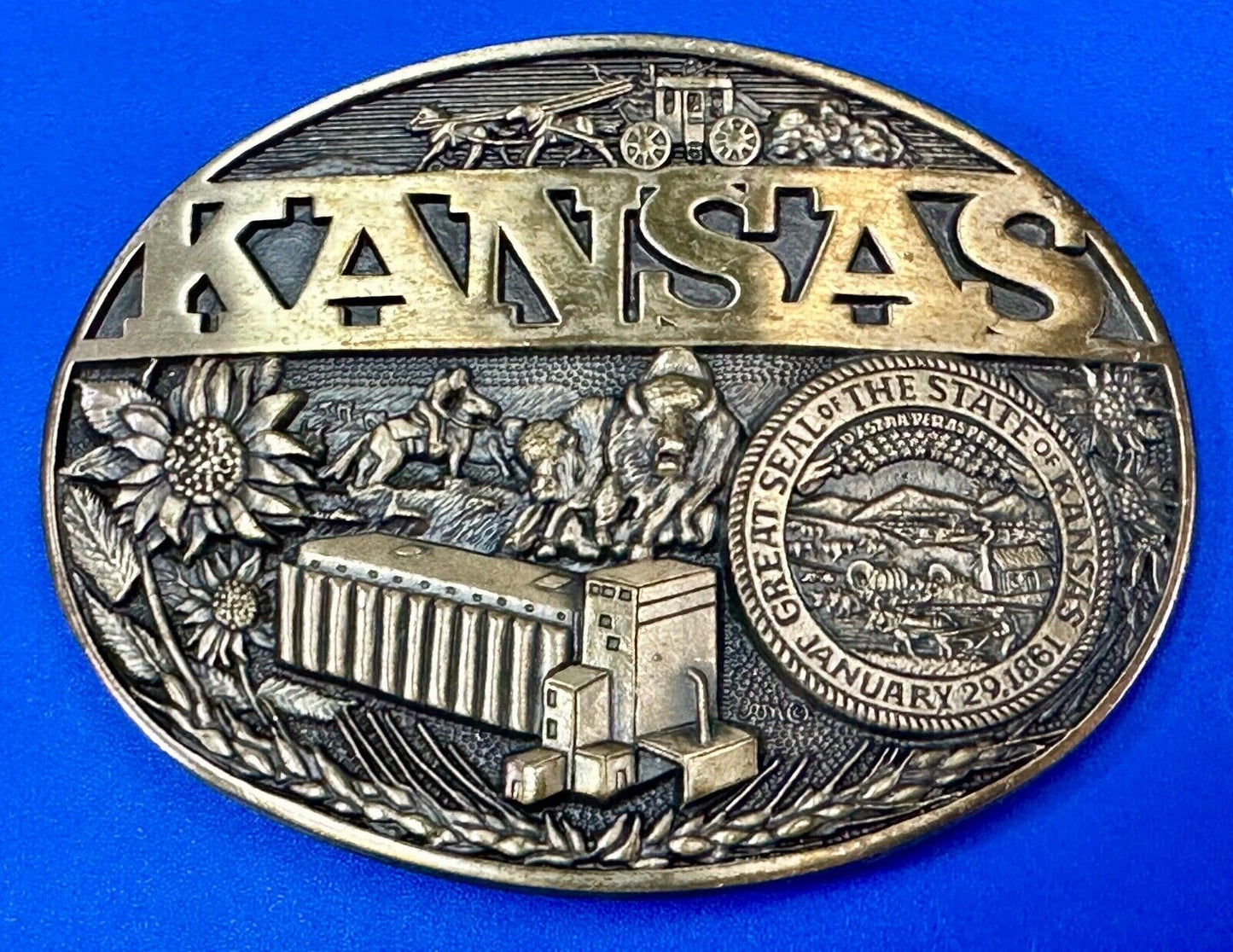 The Great State of Kansas Vintage Solid Brass ADM Belt Buckle