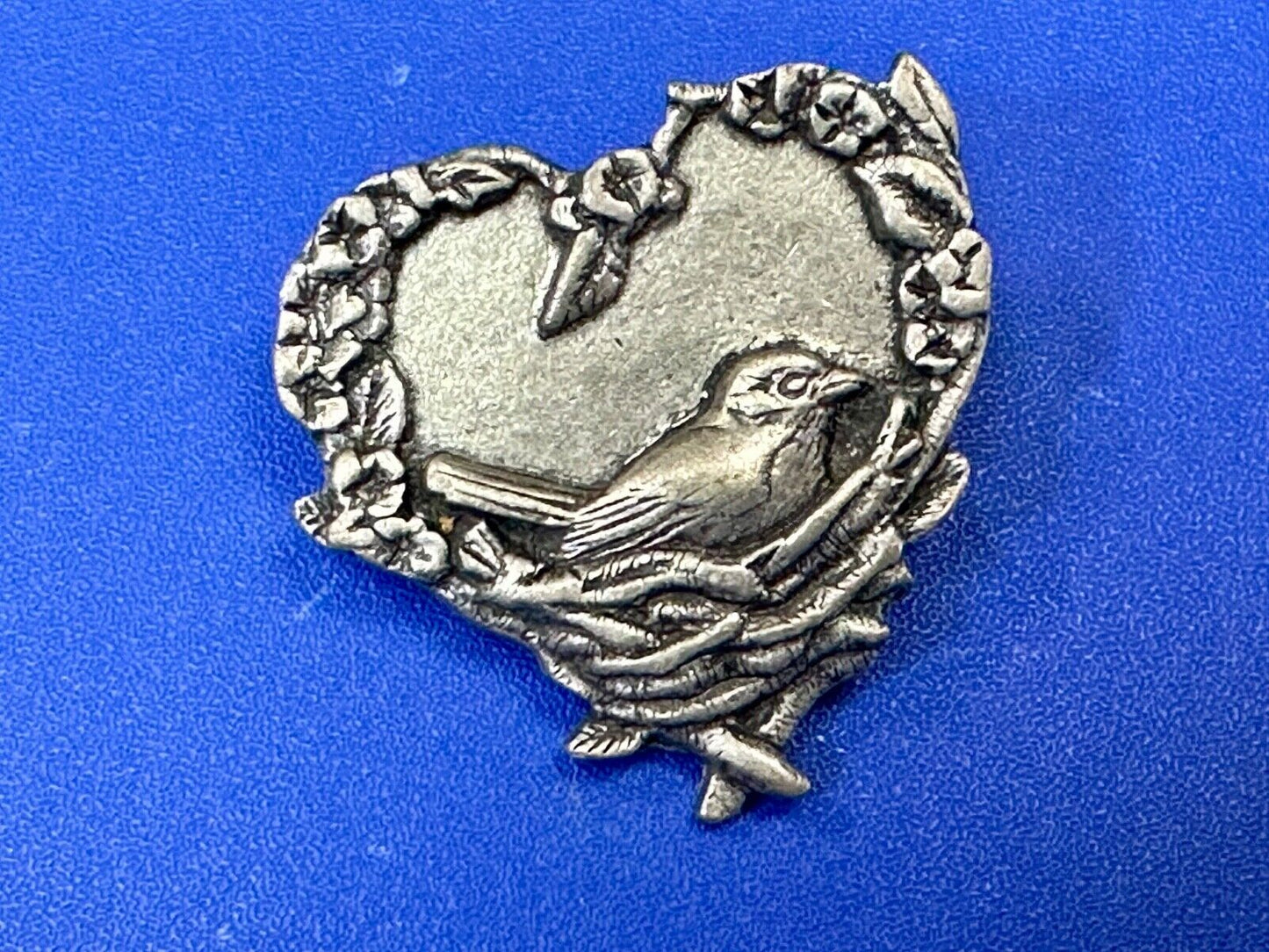 Adorable bird growing eggs in nest vintage birds and blooms pewter pin