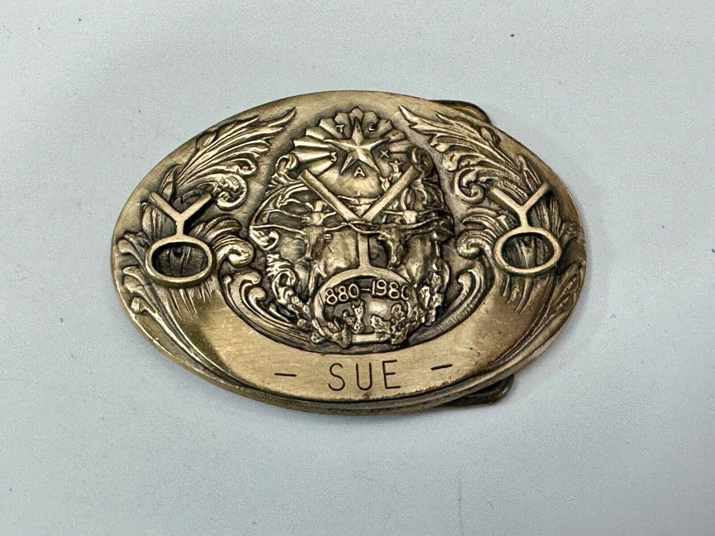 TEXAS NAME SUE 1880 - 1980 100 year celebration star longhorn belt buckle