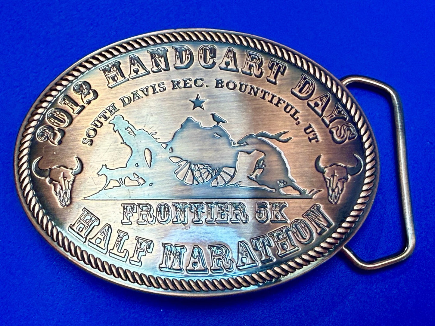 2012 Handcart Days Frontier 5K Half Marathon South Davis Utah Belt Buckle