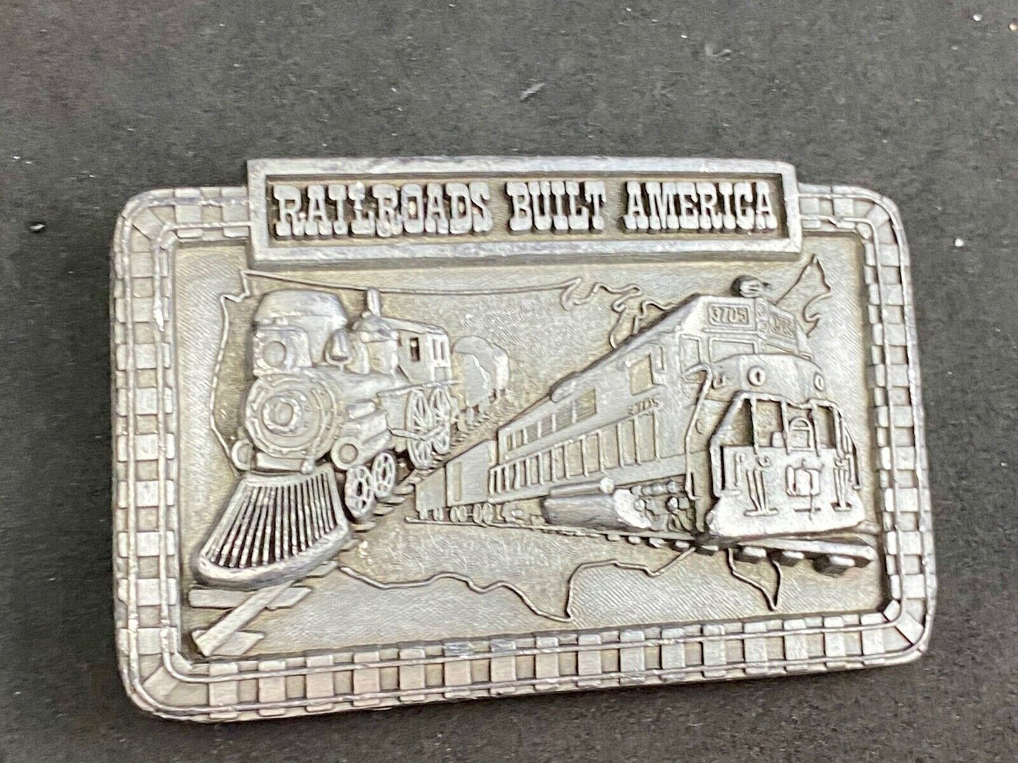 Vintage 1987 Railroads Built America Belt Buckle, RR Train Steam Engine
